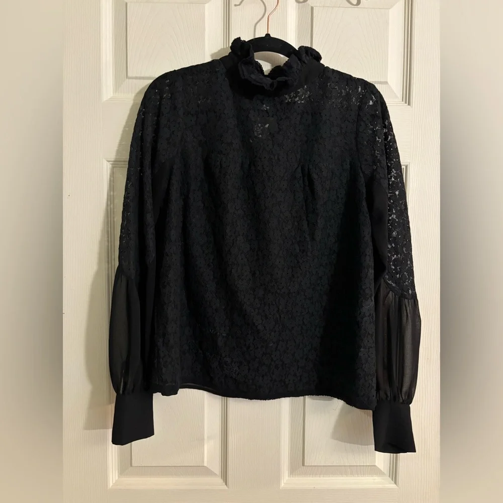 Tuckernuck Black Lace High-Neck Sheer Puff-Sleeve Quiet Luxury Blouse